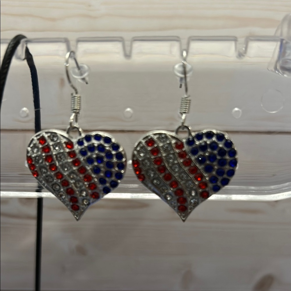 Heart-Shaped Red, Blue, and Silver Earrings